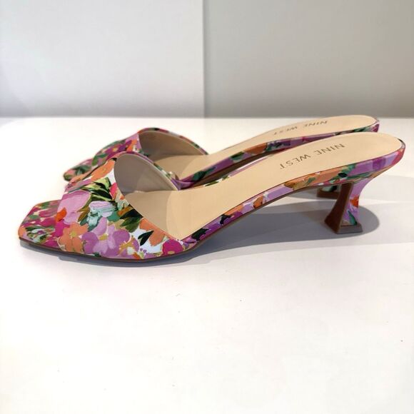 Nine West Kitten Heels Luvlie Slide Slip On Sandal Pink Floral Square Toe 9M - Picture 3 of 10